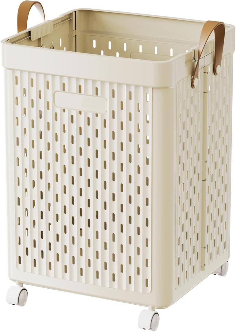 UAK 67L Plastic Laundry Basket with Wheels & Handle, Heavy Duty Foldable Laundry Hamper  Easy Clean Waterproof Rolling Organizer for Bathroom & Laundry Room, Ivory