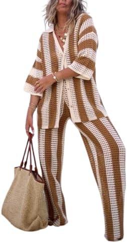 NIFTRIRY Women Cover Up Sets Button Up Tops with Pants Crochet Set Outfit 2 Piece Outfits Vacation Outfits M