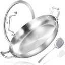 Inqibee 14 Inch Stainless Steel Paella Pan with Lid, Large Frying Pan Skillet with Double Riveted Handles, Wide Shallow Paellera for Stovetop, Induction Compatible, Oven Safe, Dishwasher Safe
