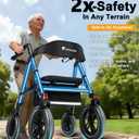 Rollator Walker with Seat,12" Front Wheels 10" Rear Rolling Walker, Extra-Wide Heavy-Duty Rollator Walker with Seat and Brakes for Seniors and Adults Bariatric with Large Aluminum (Blue)