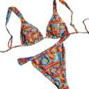 Women's High Waisted Bikini Set Floral Print Spaghetti Strap Smocked Wireless Bathing Suit Swimsuit 2 Piece Set (X-Large, Orange Blue)