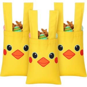 SilTriangle 3 Pcs Easter Canvas Tote Bags with Handles 9.84" x 7.87" Cute Reusable Treat Candy Basket for Happy Easter Party Favors Supplies Egg Hunt Party Shopping Reusable Gift Bags(Yellow Chick)