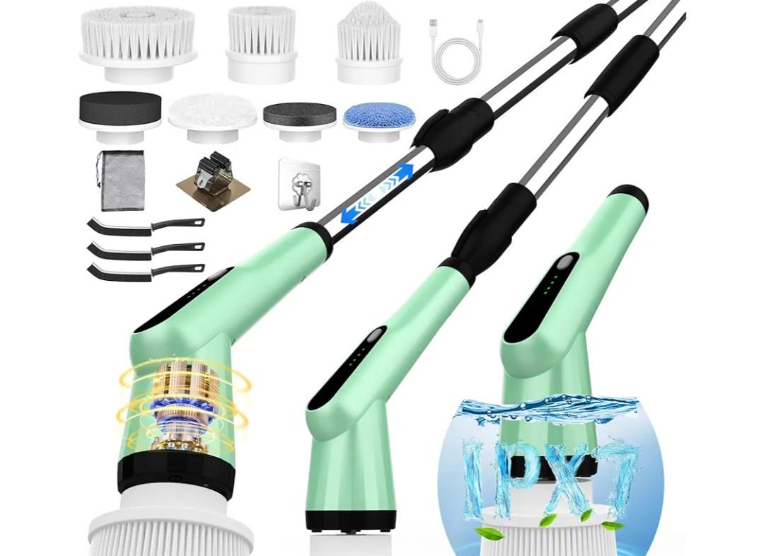 Electric Spin Scrubber, Dreazu IPX7 Bathroom Scrubber with 7 Replaceable Brush Heads & Retractable Handle, 2-Speed Adjustable Spin Scrubber for Bathroom, Bathtub, Kitchen, Tile Floors, (Green）