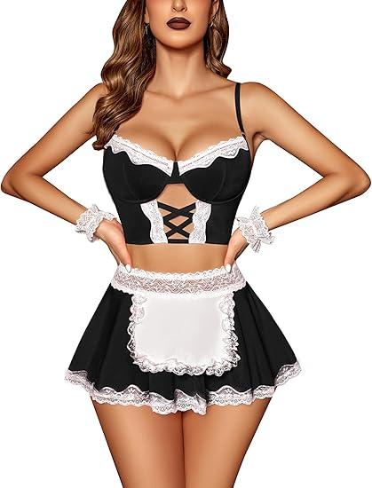 Avidlove Sexy Lingerie for Women Sexy Contrast Lace Maid Lingerie Dress Halloween Costumes Sets(5pack), Size L