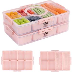 Stackable Snackle Box Container with 2 Lids, 14 Compartments - BPA-Free Snackle box Organizer, Dishwasher & Microwave Safe Reusable Snacklebox for Veggies, Fruits, Charcuterie, Snacks (Pink, 2 Pack)