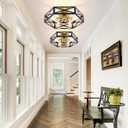 6-Light Semi Flush Mount Ceiling Light, Large Black and Gold Fixtures Ceiling Mount with Hexagon Cage, Metal Industrial Close to Ceiling Light for Hallway, Kitchen, Bedroom (19.68''L)