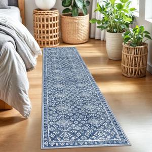Vintage 2x7 Runner Rug, Denim Blue White Washable Runners for hallways, Super Soft Kitchen Runner Rug Non Slip, Print Faux Wool Floral Thin Carpet Runner for Entryway Indoor Bedside Runner