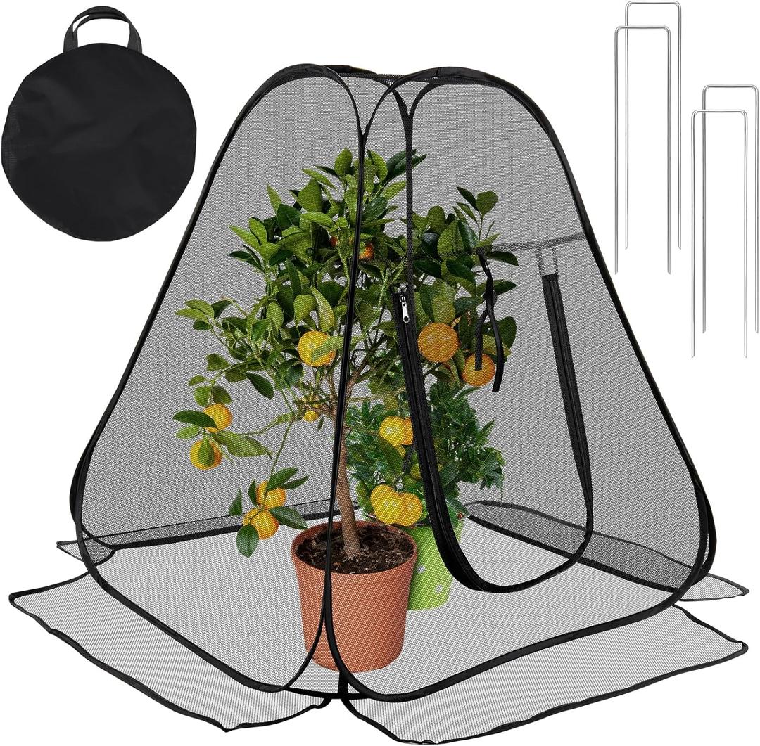 RGQSUN Pop up Garden Netting Cover,Pest Guard Plant Cover with 4 Stakes,Bird Plant Tent Protector,Mesh Gardening Net with Zipper Door for Vegetables Fruits Flowers (Black)