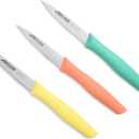 Arcos Paring Knife Set of 3 Pieces 4 Inch Stainless Steel. Colorful Kitchen Knives for Peeling Fruits and Vegetables. Ergonomic Polypropylene Handle. Series Nova. Color Orange, Yellow and Blue.