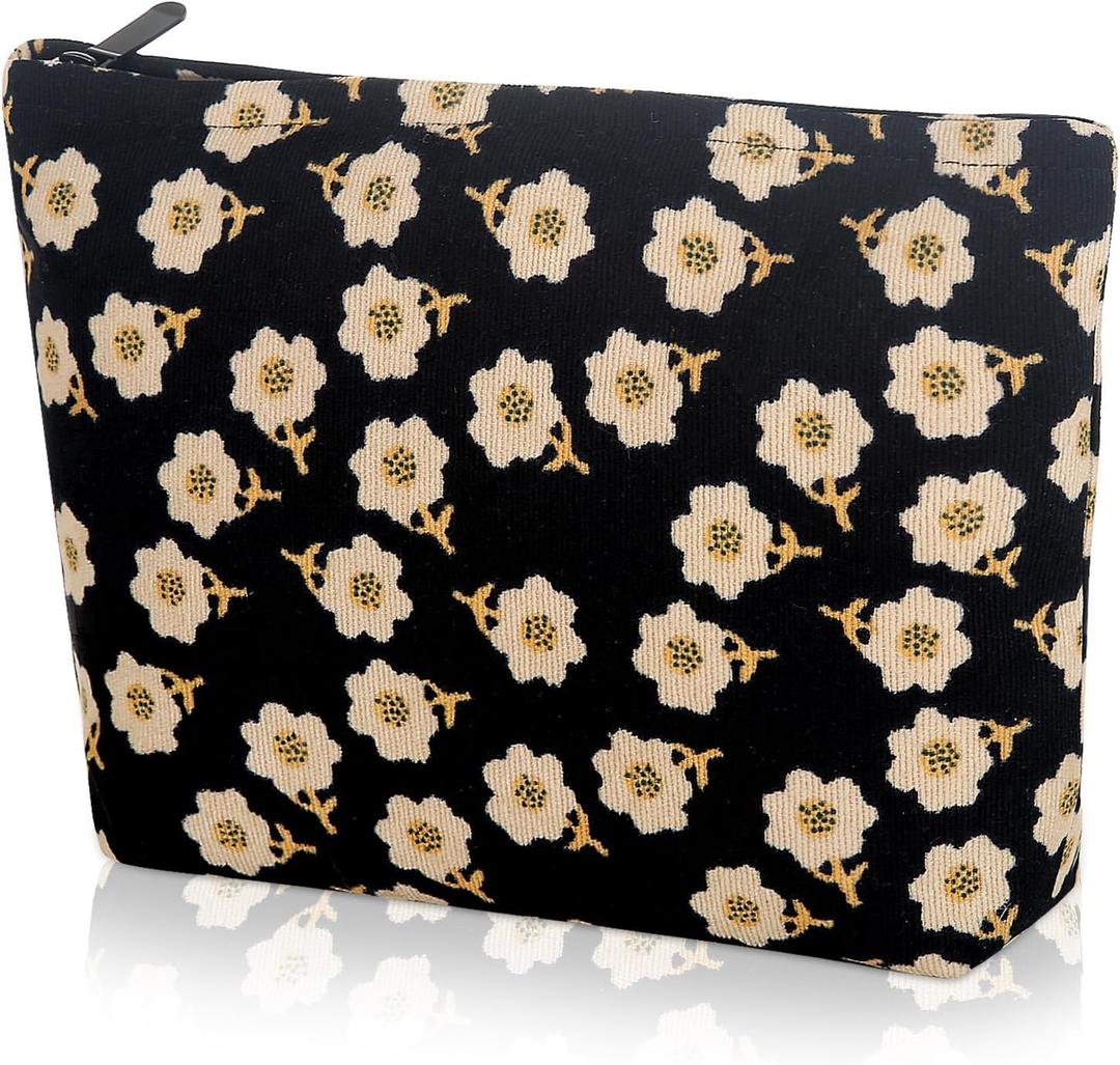 Cosmetic bag Makeup bag Preppy Cute Corduroy Toiletry bag for women travel essentials (Flower black)
