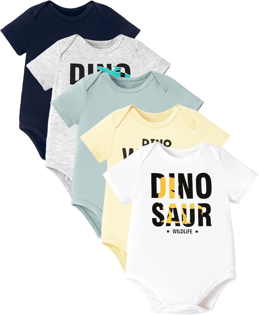 PATPAT Baby Bodysuits Supersoft Bamboo Viscose - Short Sleeve Boys and Girls - Newborn Infant Unisex Clothes Pack (6-9 Months, Dino Explorer)