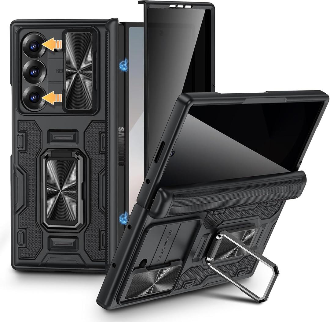 VEGO for Samsung Z Fold 6 Case with Built-in Privacy Screen Protector & Kickstand - Full-Body Hinge Protection & Slide Camera Cover - Shockproof Protective Case for Galaxy Z Fold 6 5G 2024 - Black