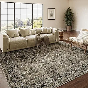 Vintage Area Rug 6x9 Brown Washable Living Room Large Carpet Non Slip Bedroom Indoor Office Low Pile Traditional Distressed Retro Accent Rug for Dining Room Kitchen