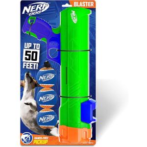 Nerf Dog Tennis Ball Blaster Dog Toy Gift Set, Tennis Ball Dog Fetch Toy Launches up to 50 ft, Dog Ball Thrower for All Breeds Includes Green Tennis Ball Launcher and 3 Dog Tennis Balls (16 in Compact Blaster with 3 Balls)
