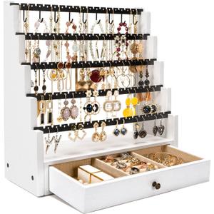 Pinzoveco Earring Organizer, 5 Layer Earring Holder Organizer with Necklace Holder Pole, Rustic Wood Jewelry Organizer Stand Display for Stud Earring Bracelet Necklace Ring, 175 Earring Holes (White)