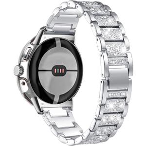Women Bands with Case Compatible with Google Pixel Watch 4/3 45mm 41mm Watch2 Watch1, Metal bling Luxurious Dressy Replacement Wristbands, Silver Black Rose Gold