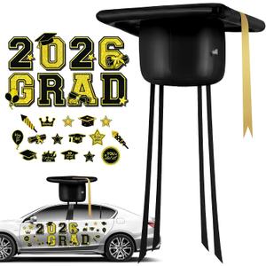 25 Pcs 2026 Graduation Cap Car Decorations Kit 19.7" Class of 2026 Inflatable Graduation Cap Decors Black and Gold Congrats Grad Magnets Letters Bulk for Senior High School Collage Prom Party Decors