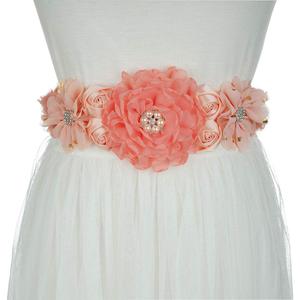 Elegant Floral Maternity Sash for Women Crystal Pearls Baby Shower Wedding Party Flower Girls Belts, Peach