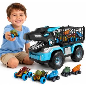 Toddler Robot Dinosaur Truck Toys for Kids Boys Ages 3-5 5-7, Black Carrier Dinosaur Truck with 5 Pull Back Dino Cars, 3 4 5 6 7 Years Old Boys Girls Birthday