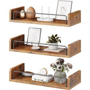 Floating Shelves for Wall, Floating Shelves for Bedroom Kitchen Decor, Wall Mounted Rustic Farmhouse Wood Shelf for Books, Plants, Set of 3 (Rustic Brown) (15.74 inches L x 6.7 inches W x 6.4 inches H)