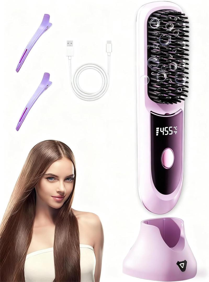 Go Brush Pro Hair Straightener  Cordless Comb with Negative Ion, 7400mAh Fast Heating & Portable Travel Design, Rechargeable Brush for Straightening and Curling (Purple-1Pcs)