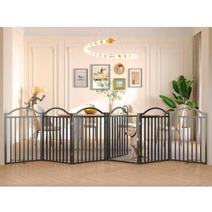 BHG Metal No-Assembly Freestanding Dog Gate with Door Walk Through, Extra Wide 144", Extra Tall 32" Pet Gate, Accordion Puppy Folding Playpen Dog Fence for Indoor & Outdoor, with 2PCS Support - Black