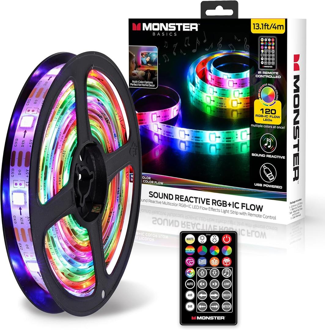 Monster 13.1ft Color Flow Multi-Color LED Light Strip, Indoor, Fun Flash Mode, Remote Control, Dimmable, Self Adhesive, Timer, 120 RGB+IC LEDs, USB Powered, Multi-White, Sound Reactive