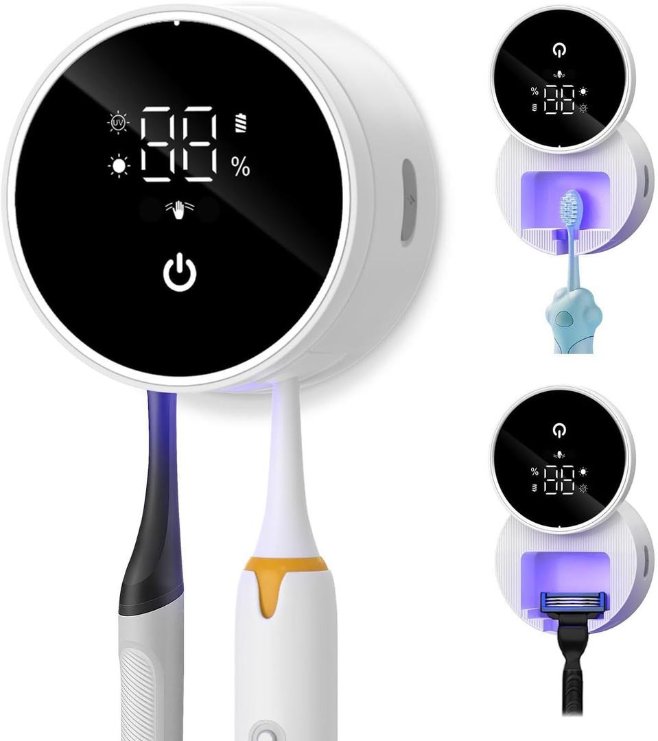Upgraded UV Toothbrush Cleaner Holder Wall Mounted, Temracha Razor Electric Toothbrush Holder for Bathroom, LED Smart Screen, with Auto-Inductive Cover, Cleaning and 60-Degree Drying, for Home, Travel (White)