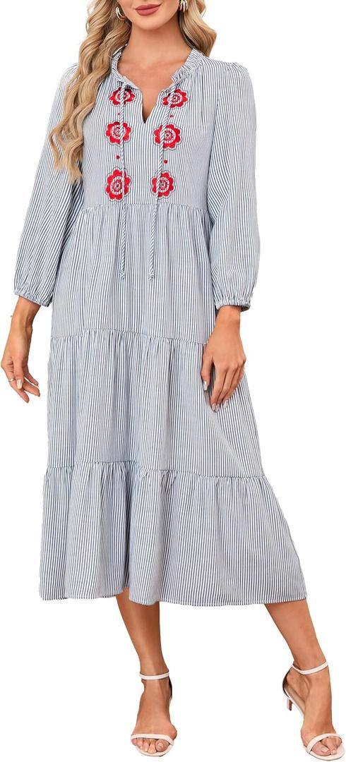 Womens Striped Maxi Dresses Casual Tie Neck Floral Embroidery Flowy Tiered Boho Long Beach Dresses with Pockets (Blue)