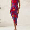 PRETTYGARDEN Women 2025 Summer Mesh Dress Spaghetti Strap Cowl Neck Print Ruched Bodycon Dresses Asymmetrical Long Dress (XL)