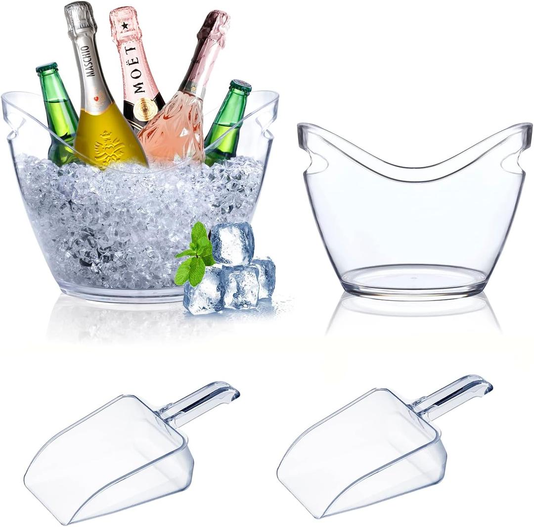 Mwellewm Beverage Tubs for Parties Plastic Ice Bucket for Cocktail Bar Clear Acrylic Wine Bucket with Scoops Drink Bucket Cooler for Chiller Bin for Champagne or Beer (8 L, 4 L) (EXP 12/31/36)
