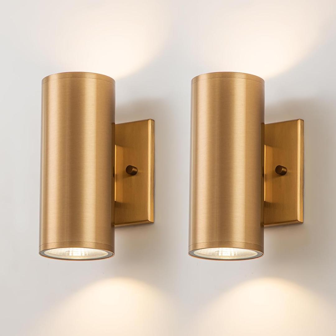 Modern Outdoor Wall Light 2 Packs Up and Down Lights, 7" Gold Exterior Light Fixture for House Porch Patio Garage