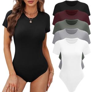BALENNZ 5 Pack Bodysuits for Women Short Sleeve Round Neck Bodysuit Tops Crew Neck Basic Casual Stretchy Tshirt Bodysuits Large