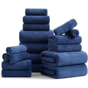 18 Pcs Navy Woven Family Towels Set-6 Bath Sheets,6 Hand Towels,6 Washcloths Soft Microfiber Towels Absorbent Shower Towel Quick Dry Beach Chair Towel Lint Less Towels Set for Bathroom Spa Gym Hotel