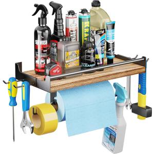 Garage Paper Towel Holder Wall Mount, Wooden Paper Towel Holder with Shelf for Kitchen Garage Quick Clean Station, Garage Organization and Storage with 4 Detachable Hooks