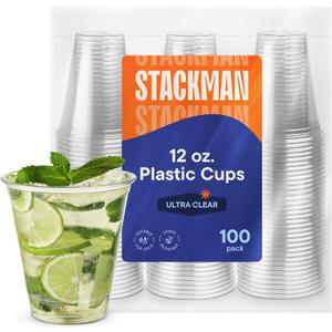 Stack Man [100 Pack - 12 oz.] Clear Disposable Plastic Cups PET Crystal Clear Disposable 12oz Plastic Cups