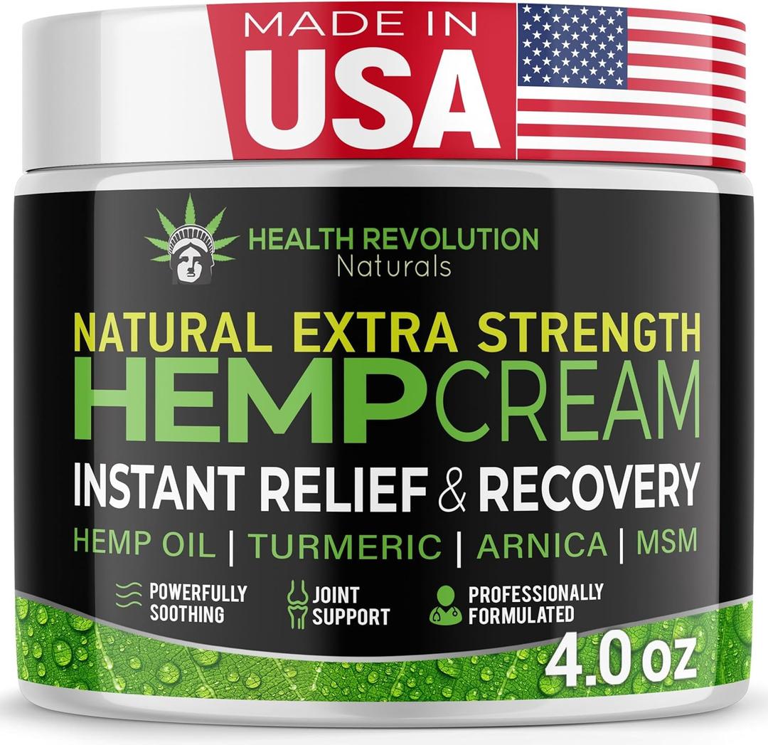 Health Revolution Hemp Arnica Cream Maximum Strength - Soothes Muscles, Joints, Feet, Nerve, Back, Knee, Hip, with Arnica, MSM, Emu, Turmeric - Expertly Formulated 4oz (4 Ounce (Pack of 1))