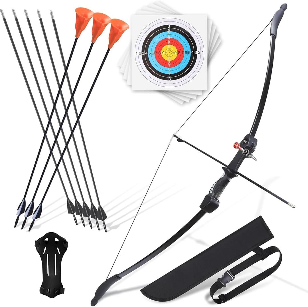 CrazyMouse Bow and Arrow for Teens Beginners Adults Recurve Bow Set 8 Arrows 5 Target Face Archery Longbow Kit Backyard Games Gift for Outdoor Sports