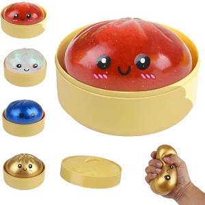 Moiegouct 4 PCS Glitter Filled Dumpling Squishies with Box,Sparkly Squishys Dumplings Stress Relief Balls Fidget Sensory Toy,Bao Bun with Food Steamer Stretchy Desk Squeeze Toys