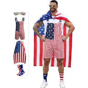 Bindefon American Flag Overalls Men,4th of July Cape,USA Sunglasses,Patriotic Socks,4 Pcs for Independence Labor Day (XX-Large, Red/White and Blue)