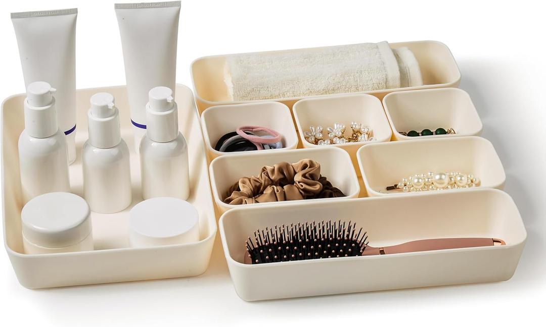 ISSEVE 8Pcs Nesting Silicone Drawer Organizer Trays, 4 Size Versatile Vanity Bathroom & Desk Drawer Organizer Set Storage Bins for Office,Kitchen,Nightstand,White