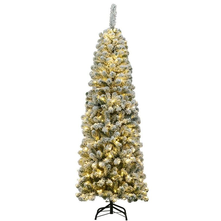 6Ft Pre-lit Snow Flocked Artificial Pencil Christmas Pine Tree with 250 LED Lights