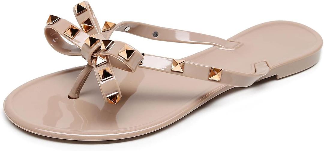 Studded Jelly Shoes for Womens Bow Flip Flops Jellies Sandals Flat Black Summer Beach Thong with Rivets Strappy Slides Slip On (8, Beige)