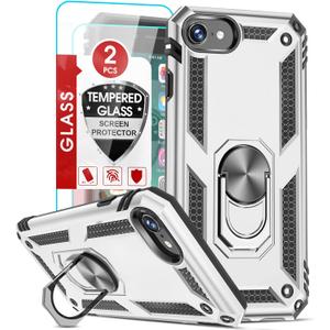 LeYi for iPhone SE Phone Case 2022/2020, iPhone Case SE with [2Pack] Tempered Glass Screen Protector, [Military-Grade] Protective Phone Case with Magnetic Ring Kickstand for iPhone SE, Silver