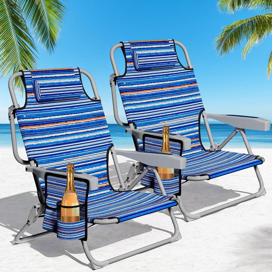 Beach Chair, Lay Flat Folding Backpack Beach Chairs with 5 Position 2 Pack