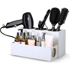Hair Tool Organizer for Bathroom Vanity – Blow Dryer Holder with Stainless Cups for Hair Dryer, Curling Iron & Straightener, Countertop Hot Tools Holder and Hair Tool Storage (WHITE)