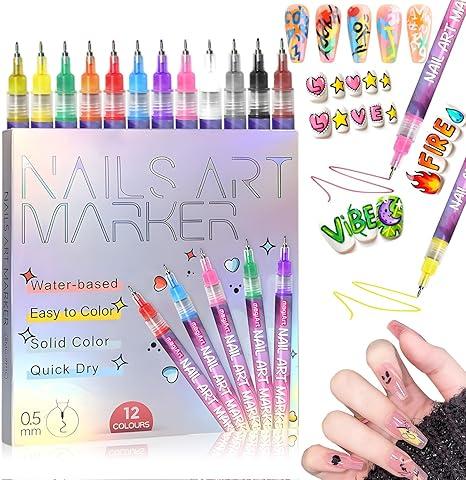 12 Colors Nail Art Pens Set,Fine Tips 3d Nail Art Pens 3d Quick-Dry 0.5mm Nail Polish Pens,Diy Nail Art Marker Graffiti Dotting Pen For Nails Art Design Manicure Nail Diy Decoration