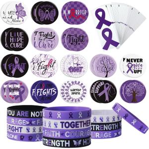 138 Pcs Purple Ribbons Awareness Accessories 30 Purple Ribbons Bracelet Silicone Wristband 48 Violet Round Pin Buttons and 60 Stickers for Domestic Violence Alzheimer's Pancreatic Cancer