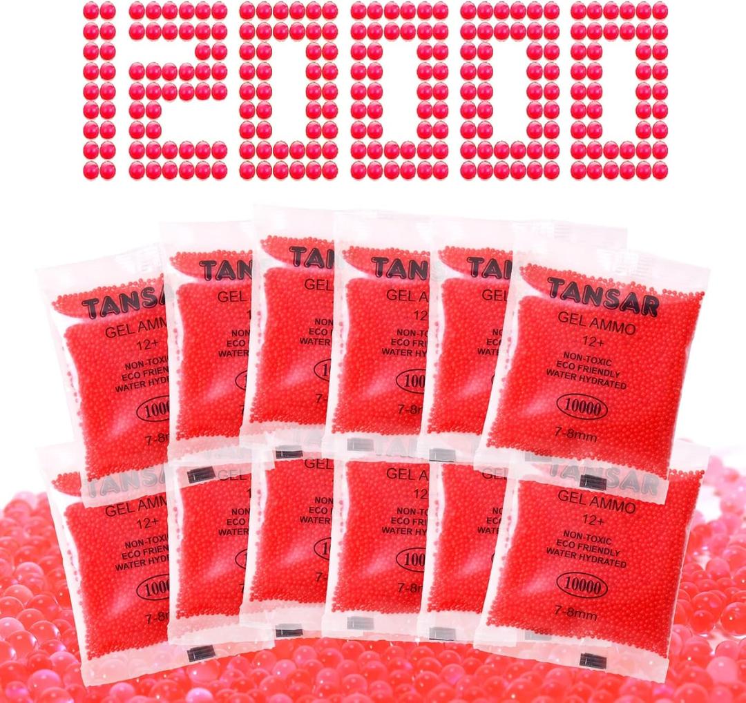 TANSAR Gel Ball Blaster Ammo Splat Gel Gun Refill(7-8 mm,12 Packs,10,000 Pieces Per Pack), 7.5mm Gels Splatter Bullets, for Ages 14+, Red