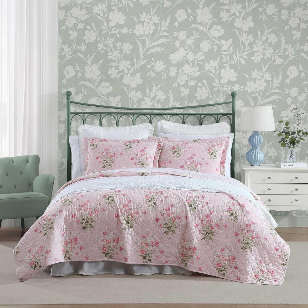 Laura Ashley - Queen Quilt Set, Reversible Premium Bedding with Matching Shams, Luxuriously Soft Floral Home Decor (Veronicas Bouquet Pink, Queen)